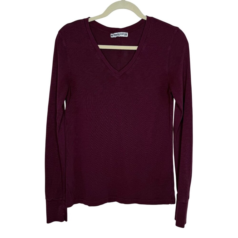 American Giant Merlot V-Neck Men’s Supima Cotton Long Sleeve‎ Tee, XS